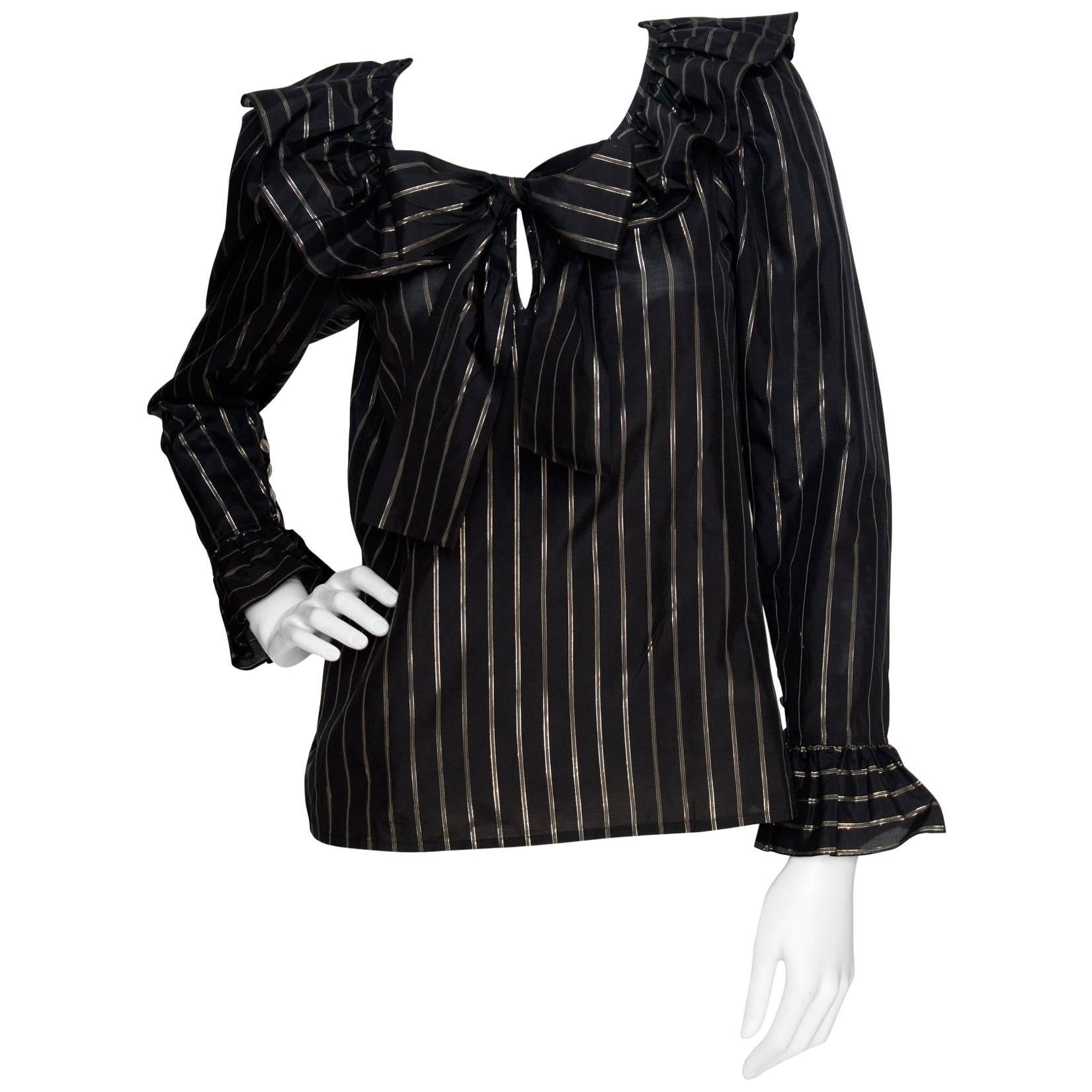 80s Yves Saint Laurent Sheer Lurex Blouse W. Ruffle Collar 