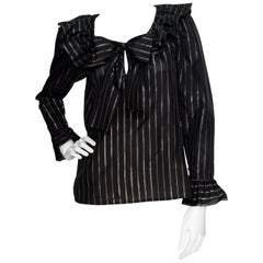 80s Yves Saint Laurent Sheer Lurex Blouse W. Ruffle Collar