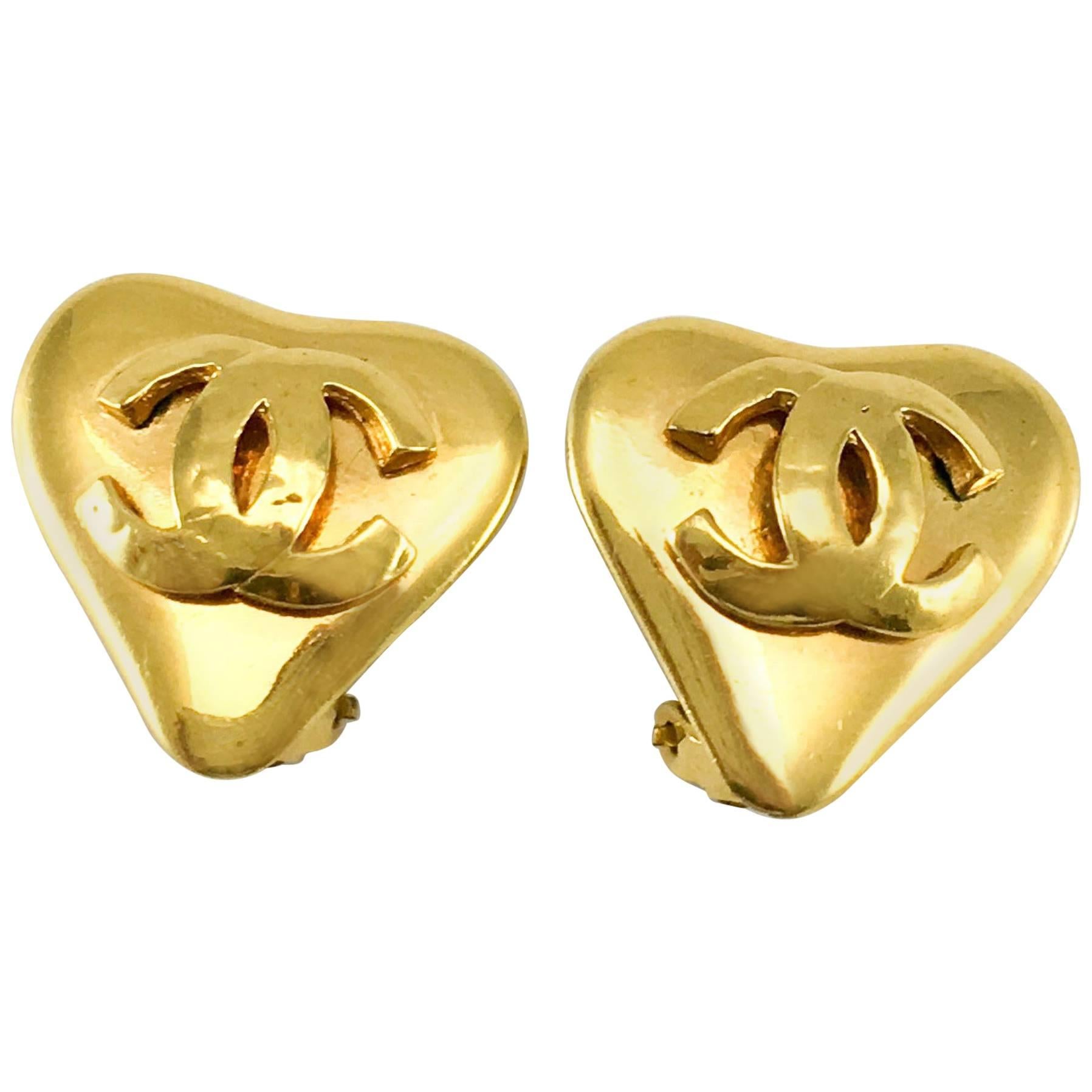 1993 Chanel Gold-Plated Heart-Shaped Logo Earrings  For Sale