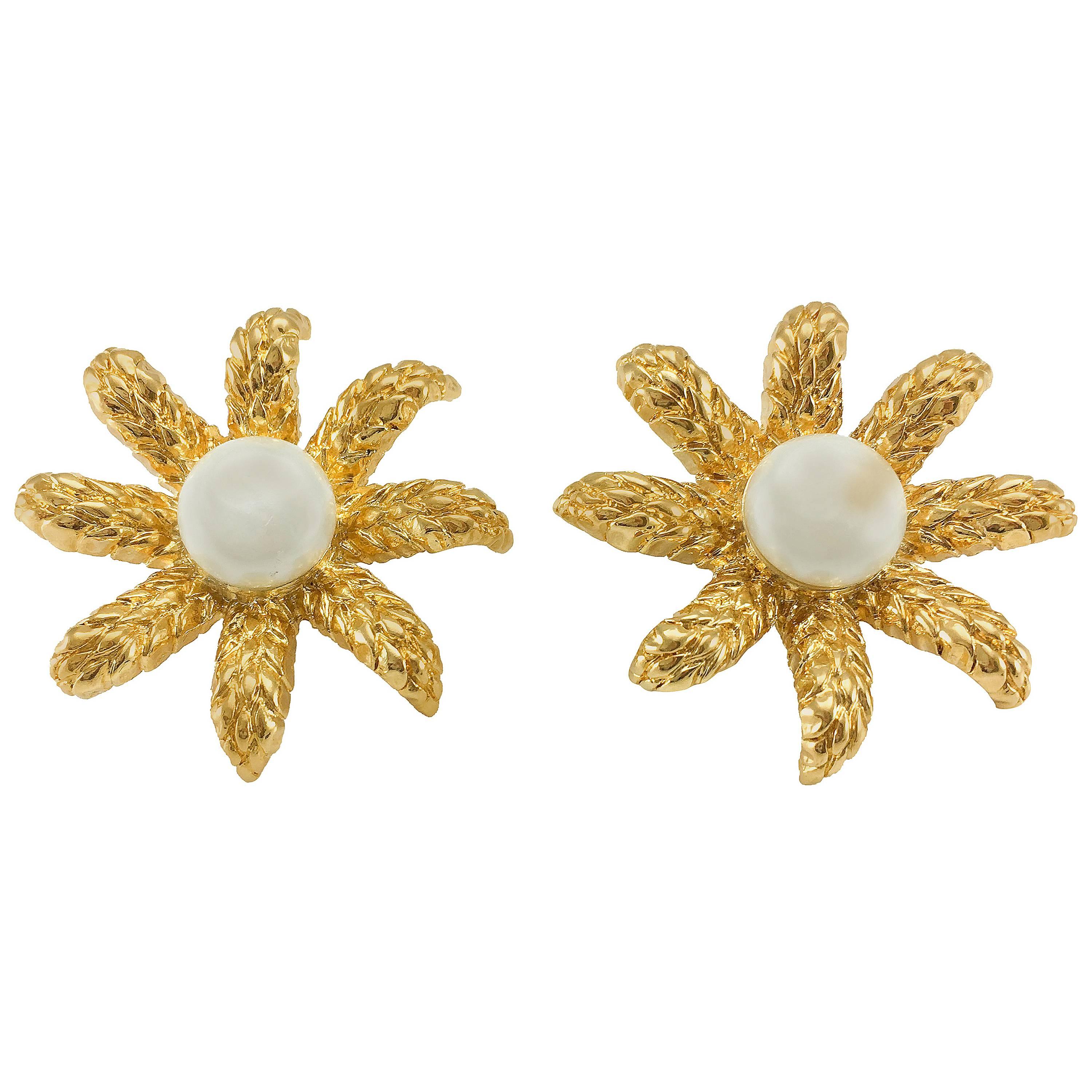 1994 Chanel Faux Pearl Gold-Plated Flower Earrings For Sale