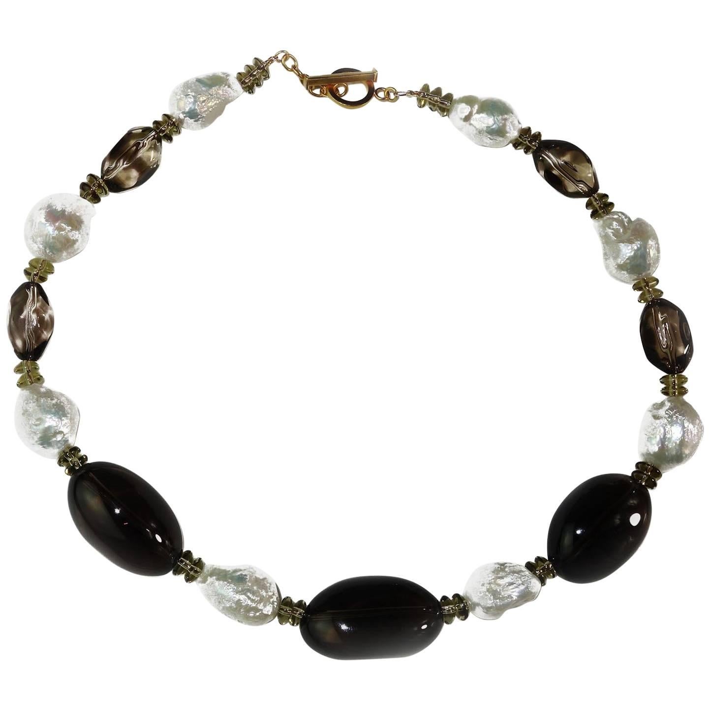 Artisan AJD Elegant 18 Inch Baroque Pearl and Smoky Quartz Necklace  Great Gift!! For Sale