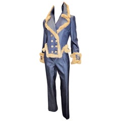 Amazing John Galliano Denim   pants Suit with Fur Trim sz 44