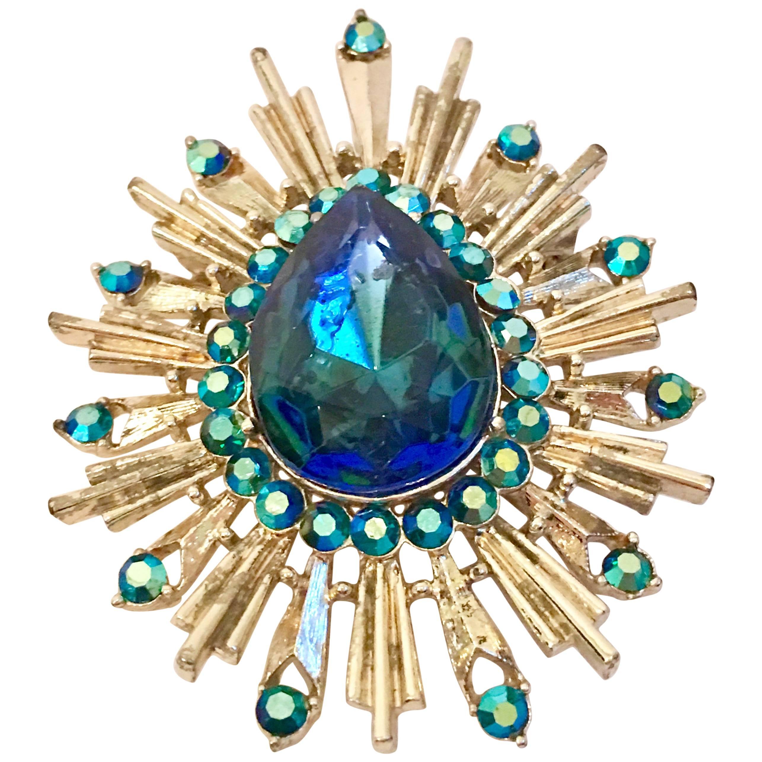 Art Deco Style Gold & Blue Sapphite Austrian Crystal Starburst Brooch & Slide