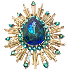 Vintage Art Deco Style Gold & Blue Sapphite Austrian Crystal Starburst Brooch & Slide