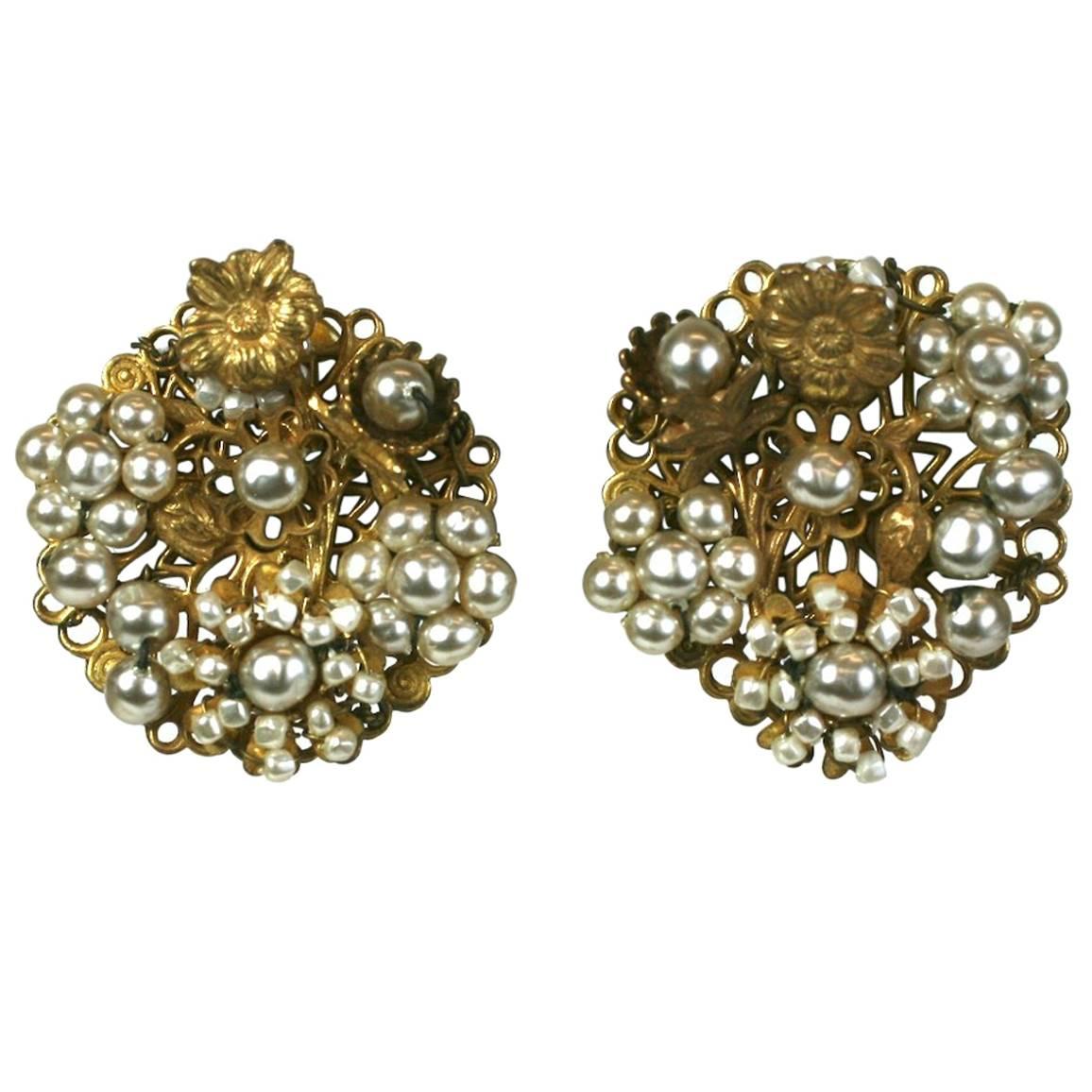 Miriam Haskell Embroidered Faux Pearl Earclips For Sale