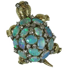 Vintage Charming Articulated Opal Turtle Brooch