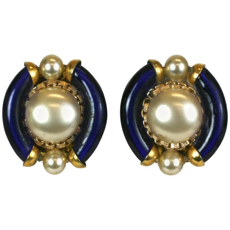 Seguso Glass and Pearl Ear Clips