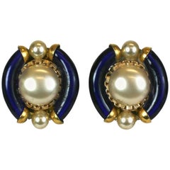 Seguso Glass and Pearl Ear Clips