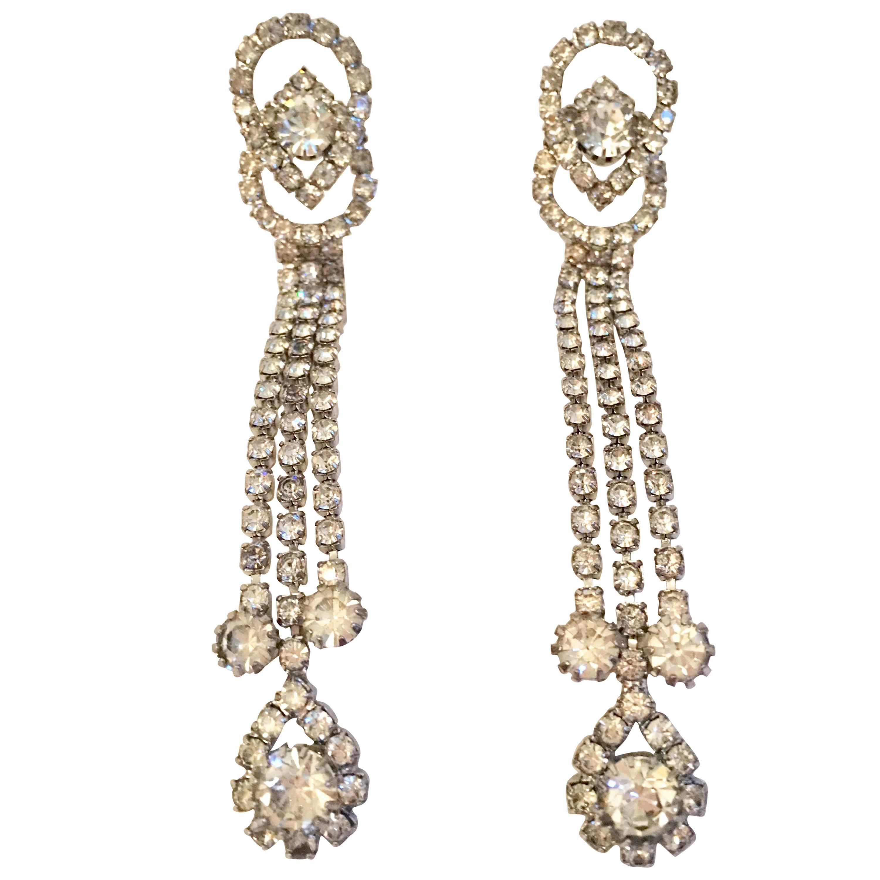 1960'S Silver & Austrian Crystal Dimensional Dangle Chandelier Earrings For Sale