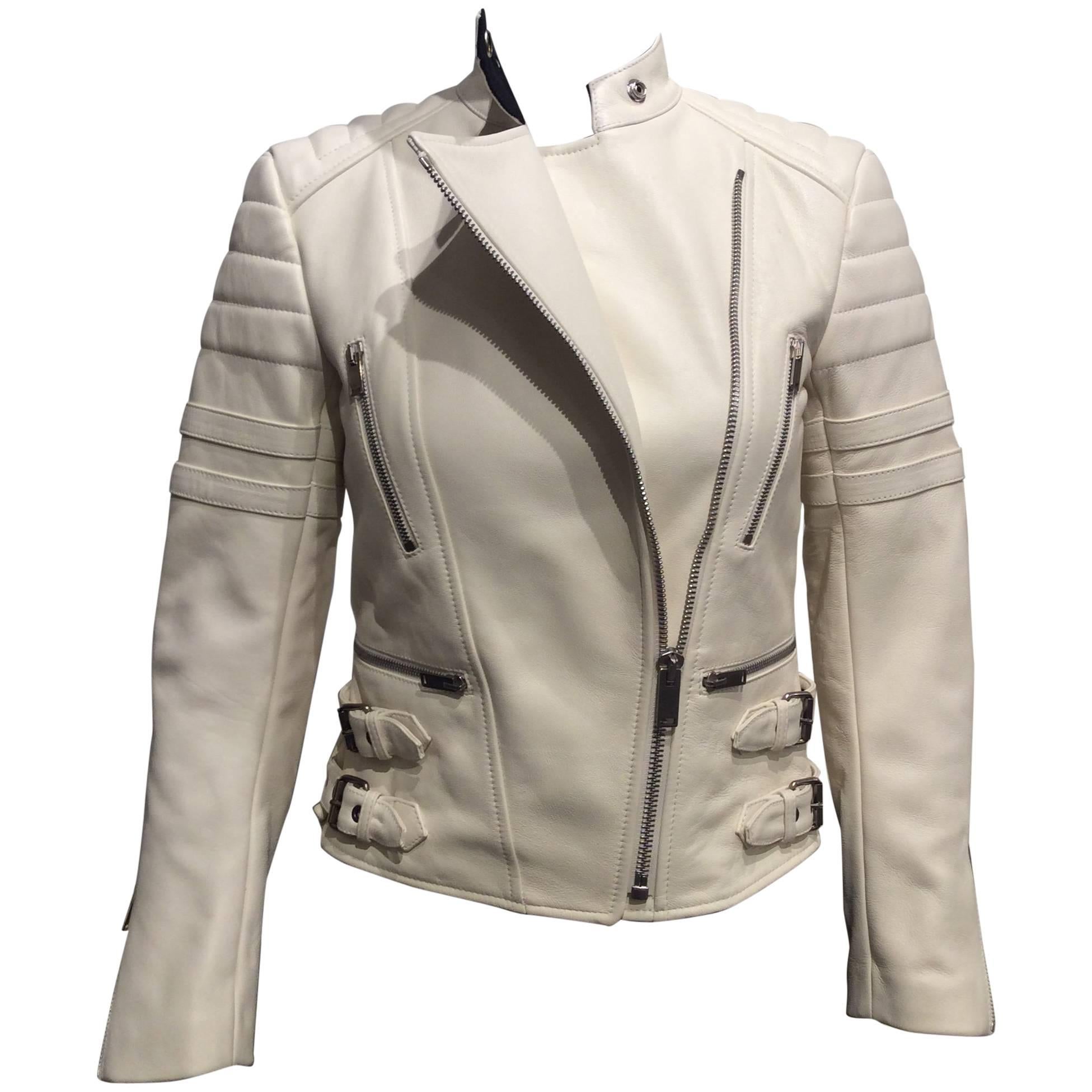 Céline White Leather Motorcycle Jacket Sz 36 (Us 4) For Sale