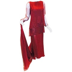 Vintage Chanel Haute Couture dark red  silk Gown with long train 