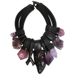 Monies Unique Collection Carved Wood and Amethyst Necklace