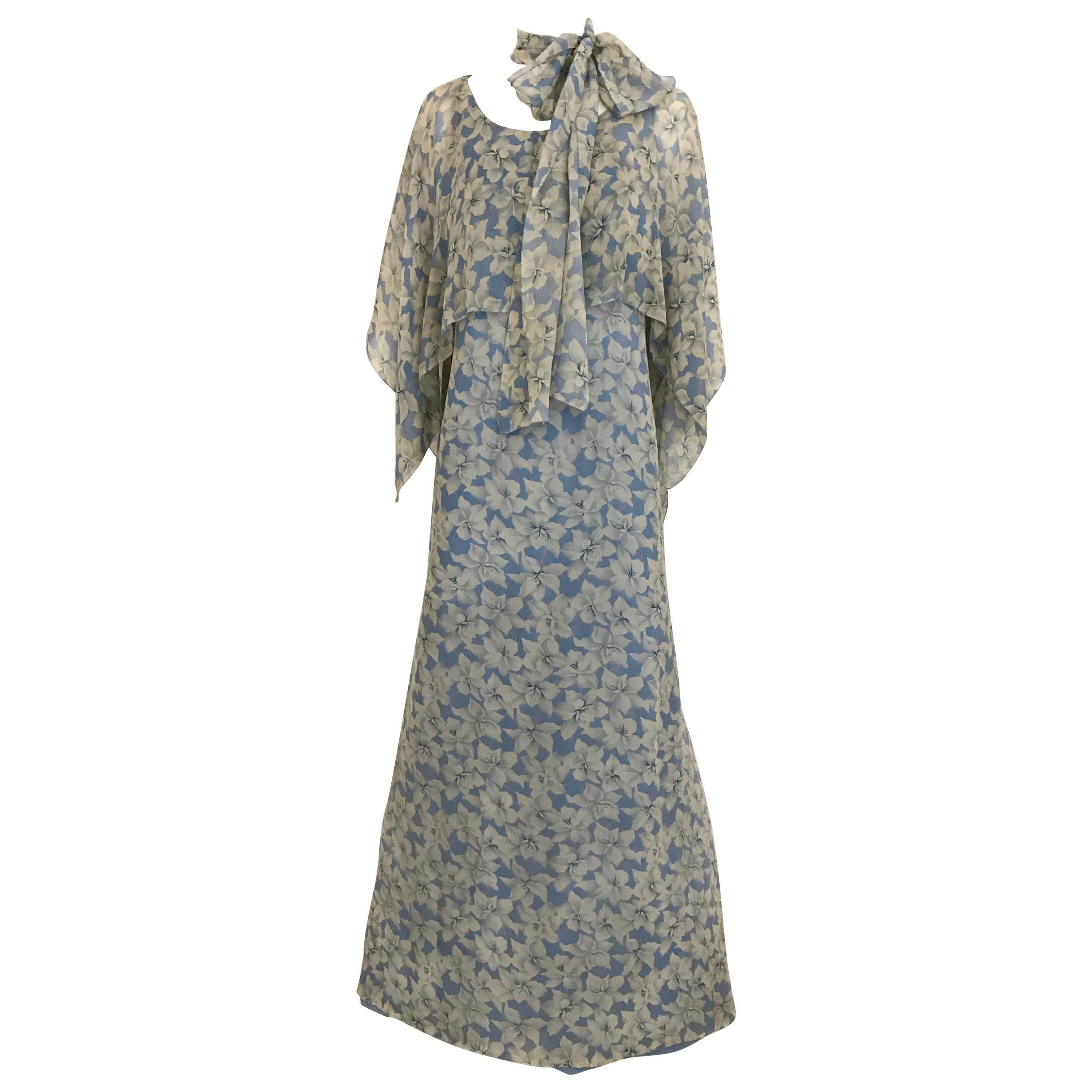 1970s Christian Dior Blue Floral Silk Print Maxi Dress