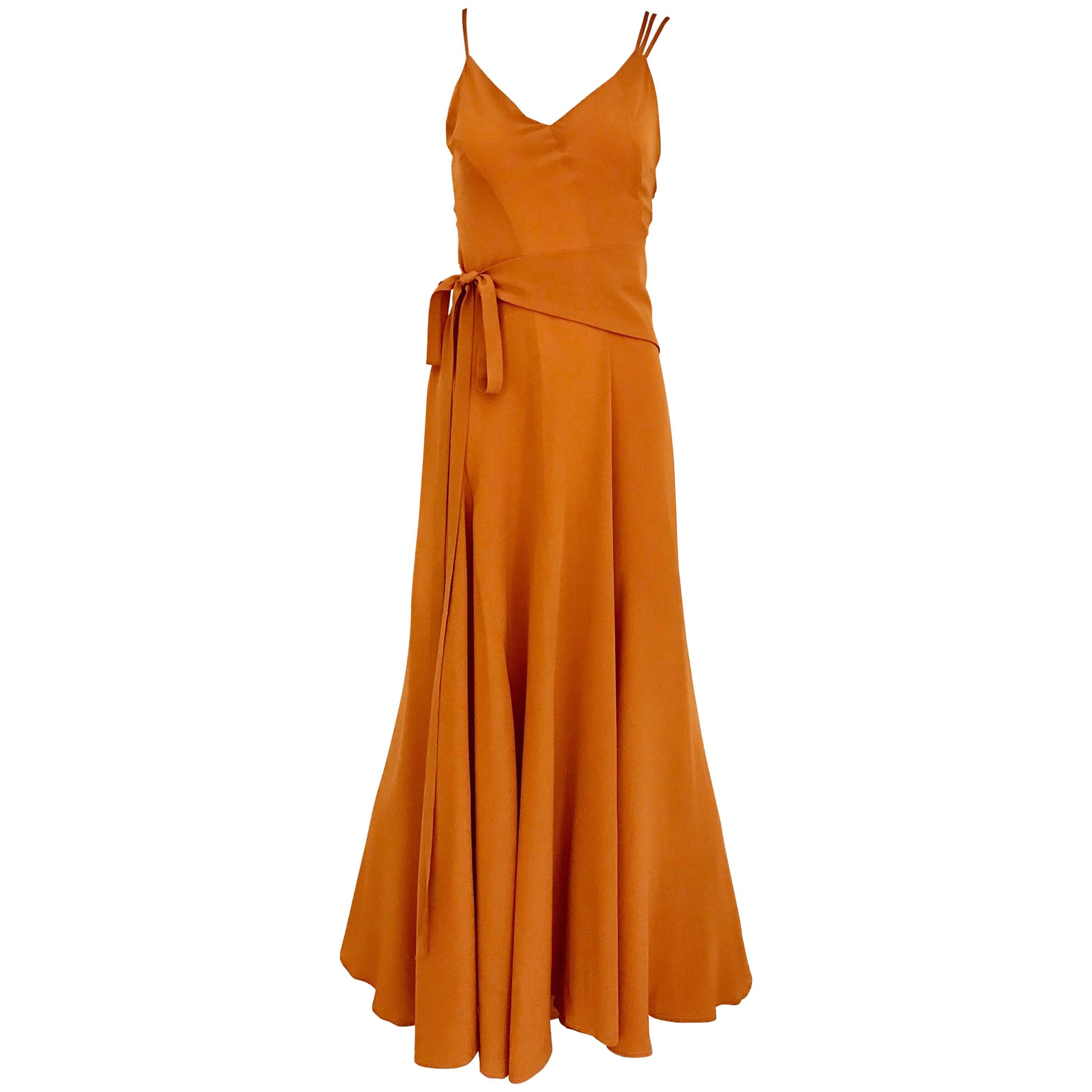 Kenzo 1990s Orange Silk Sparghetti Strap Silk Dress with Belt 