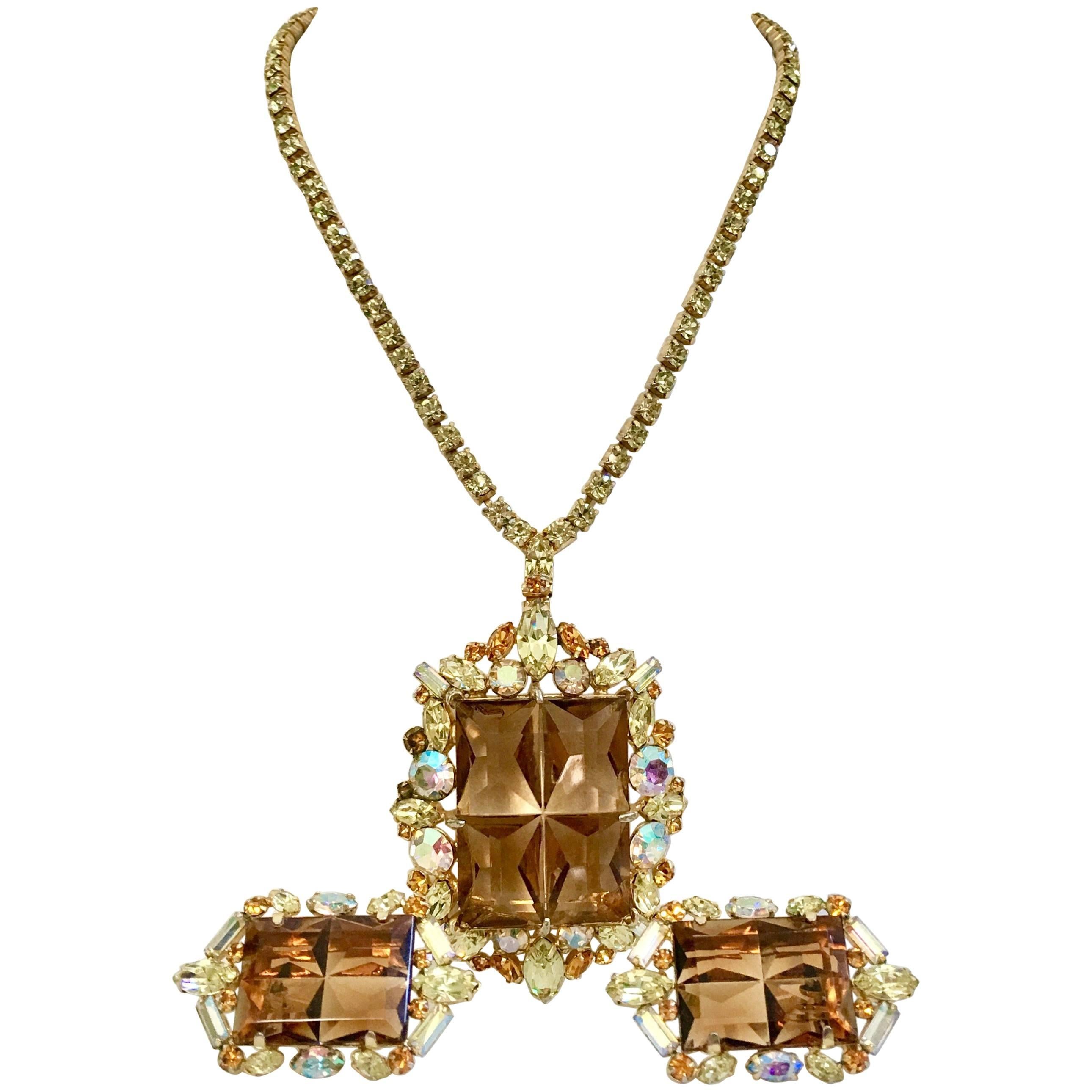 20th Century Gold, Crystal & Glass Demi Parure Necklace & Earrings S/4 For Sale