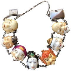 Vintage Toshikane Seven Lucky Gods Bracelet. Porcelain and Silver. 1940's.