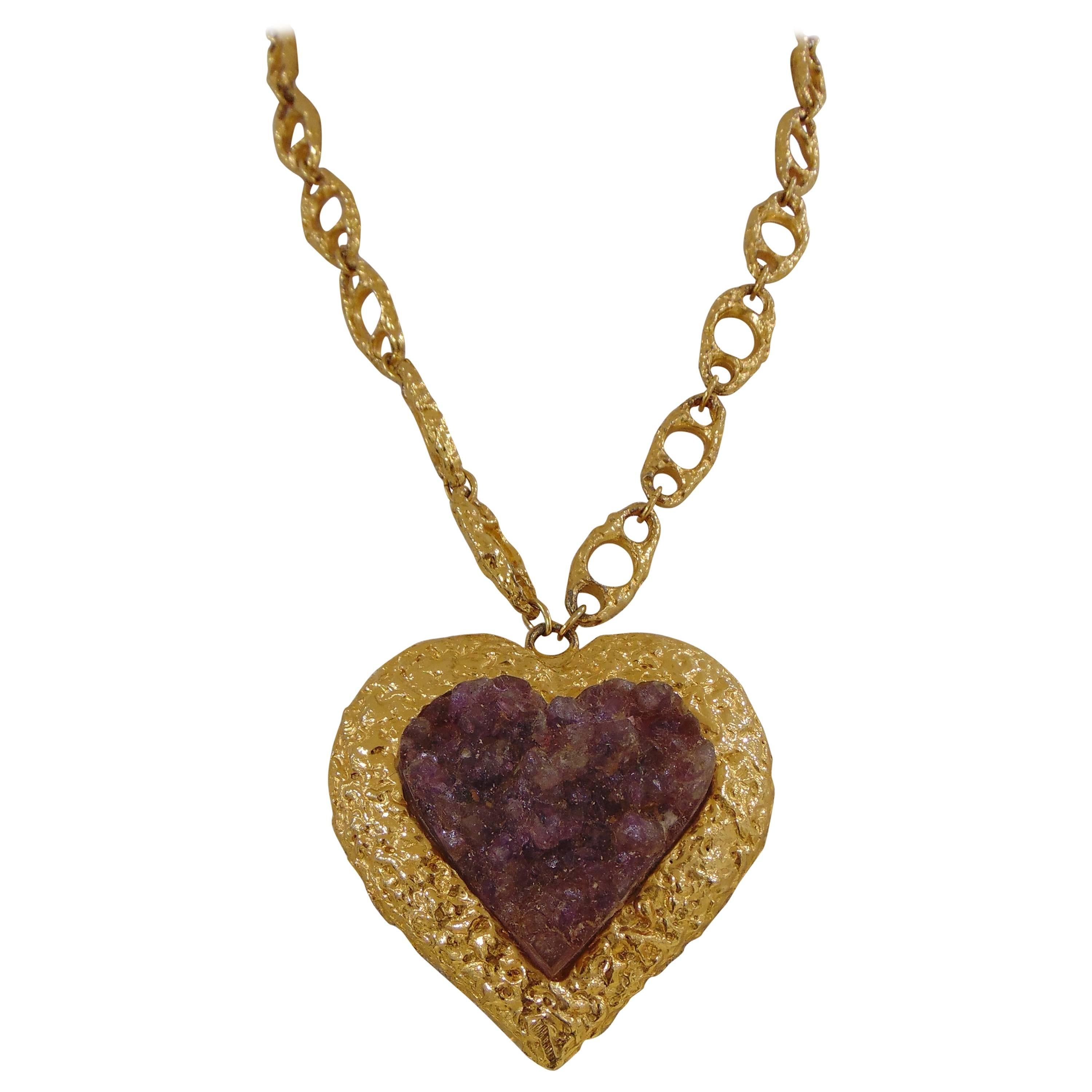 Kenneth Jay Lane gold tone purple heart pendant necklace