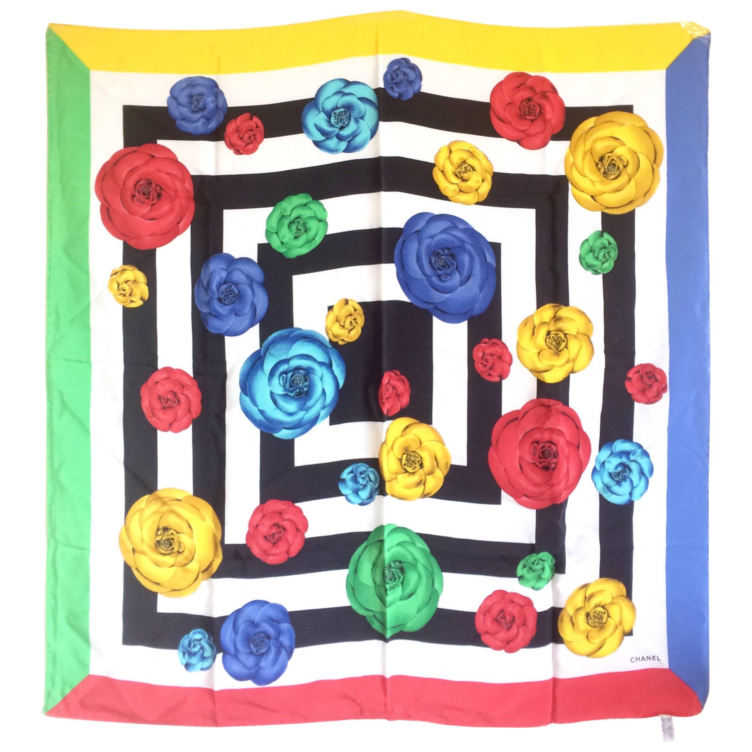 Vintage Chanel black white geometric, red, yellow, blue and green camellia scarf For Sale