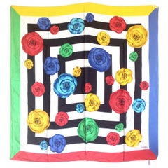 Retro Chanel black white geometric, red, yellow, blue and green camellia scarf