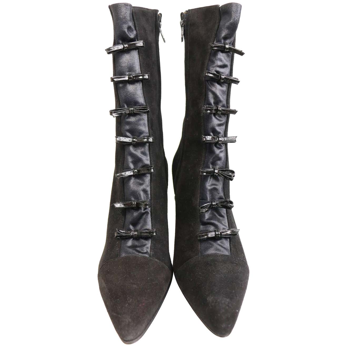 80s Charles Jourdan Black Suede with Patent Leather Bow Pointy Boots ...