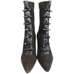 80s Charles Jourdan Black Suede with Patent Leather Bow Pointy Boots