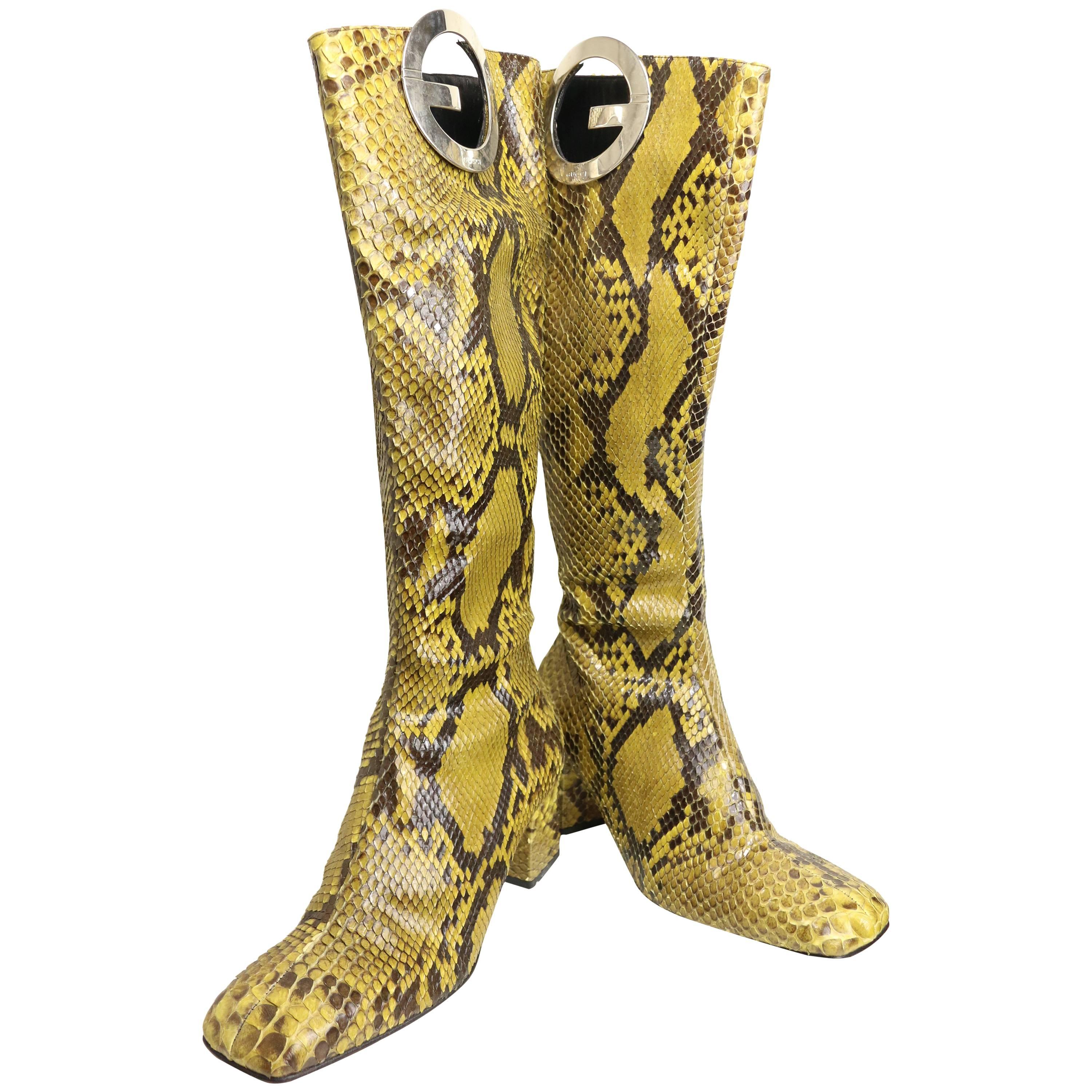 Spring 1996 Gucci by Tom Ford Yellow "GG" Python Snakeskin Slip on Long Boots For Sale