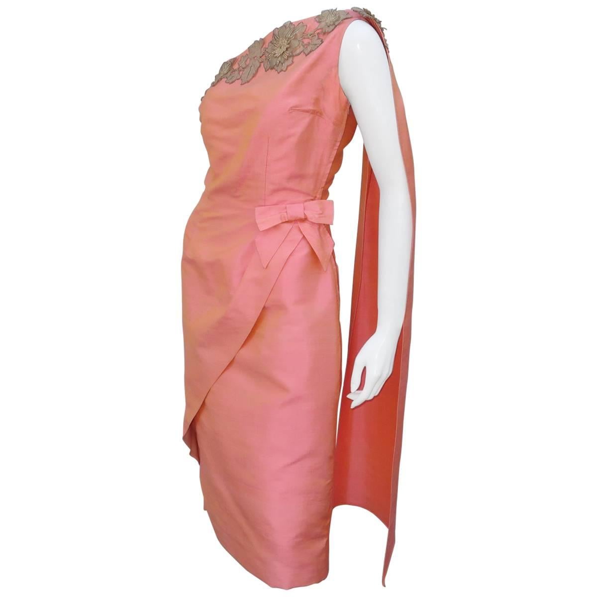 1950's Dupioni Silk One-Shoulder Goddess Dress With Drape