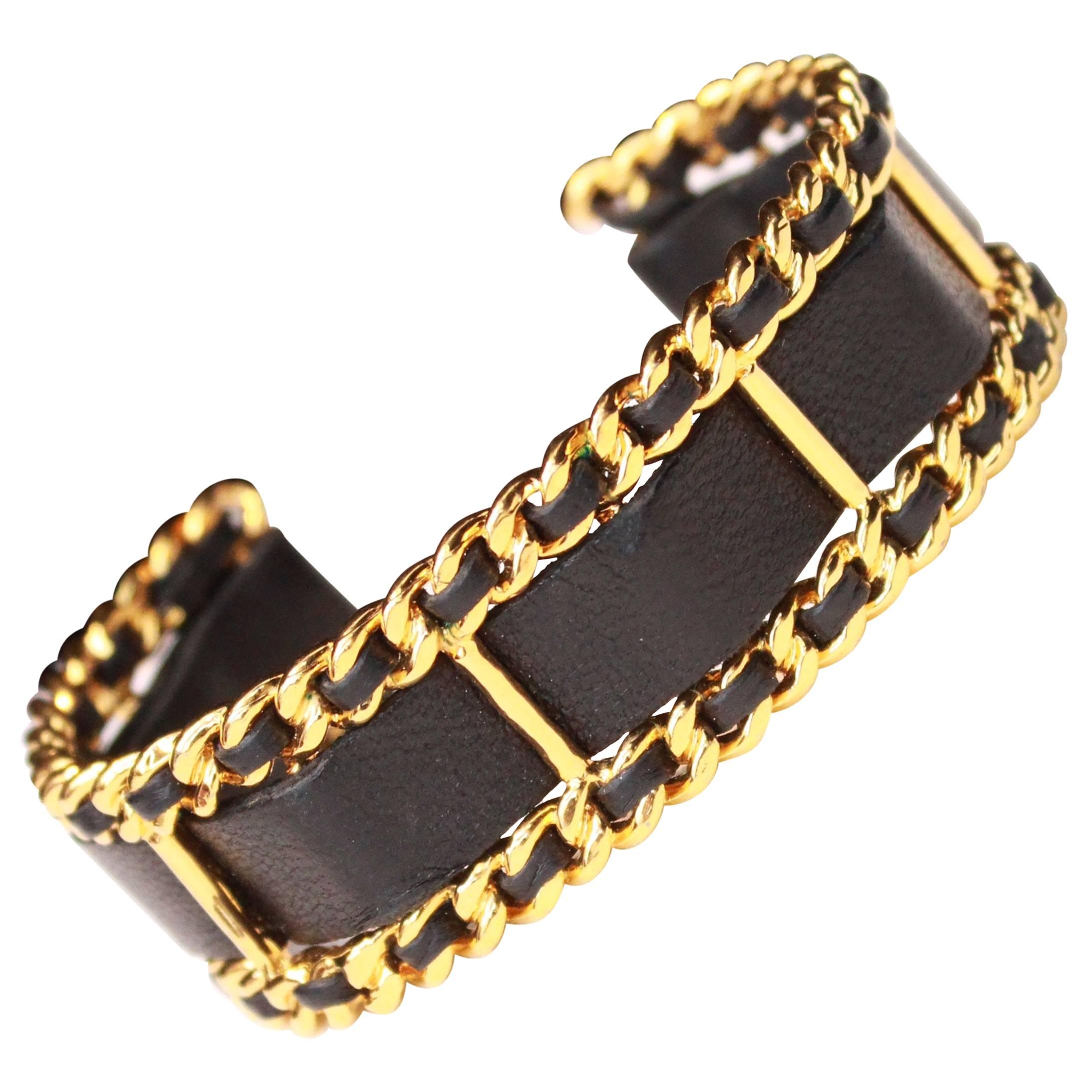 1990s Chanel black leather and and chain bangle cuff bracelet