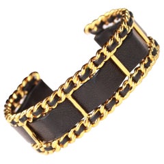1990s Chanel black leather and and chain bangle cuff bracelet