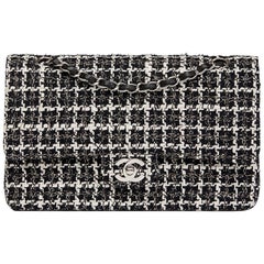 2004 Chanel Black & White Tweed Fabric Medium Classic Double Flap Bag