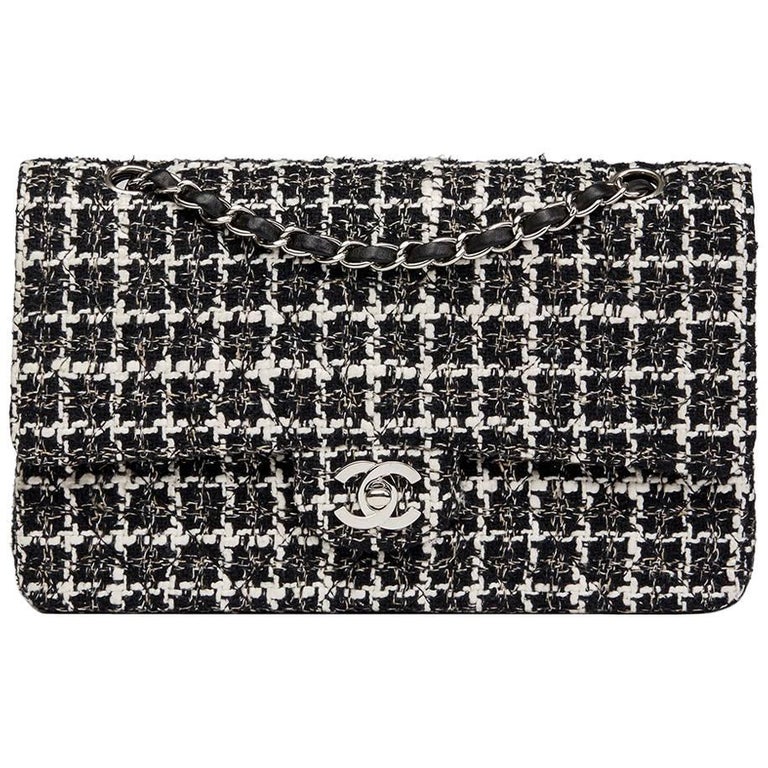 2004 Chanel Black and White Tweed Fabric Medium Classic Double Flap Bag