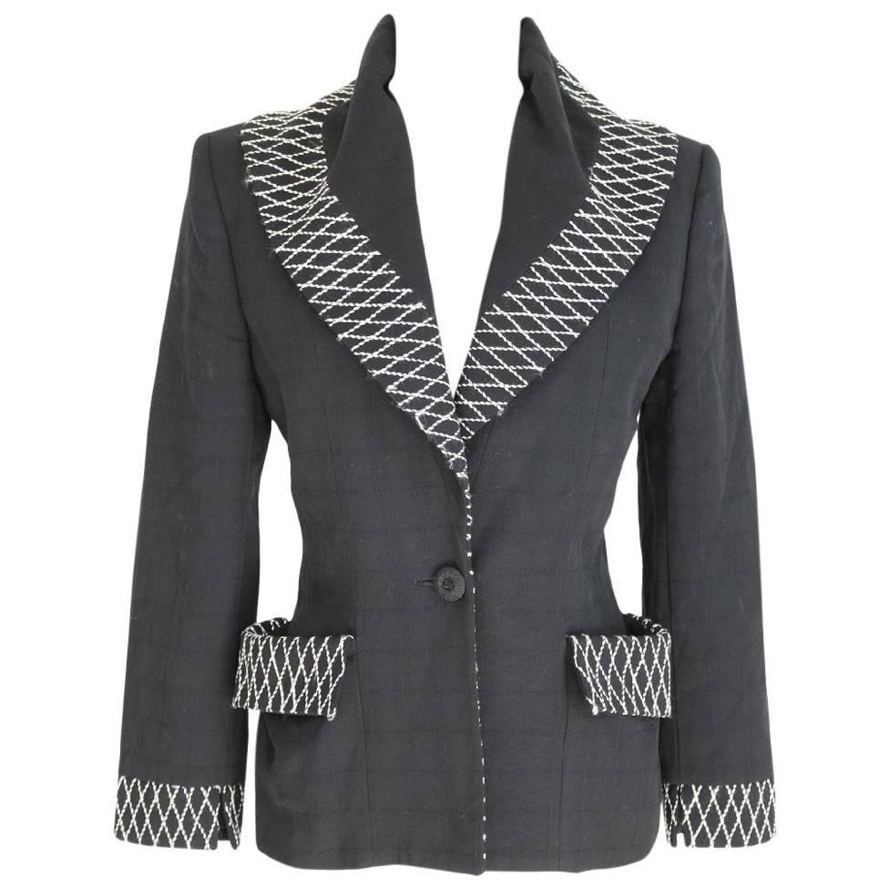 Norma Kamali vintage black wool white stitching double breasted jacket  For Sale