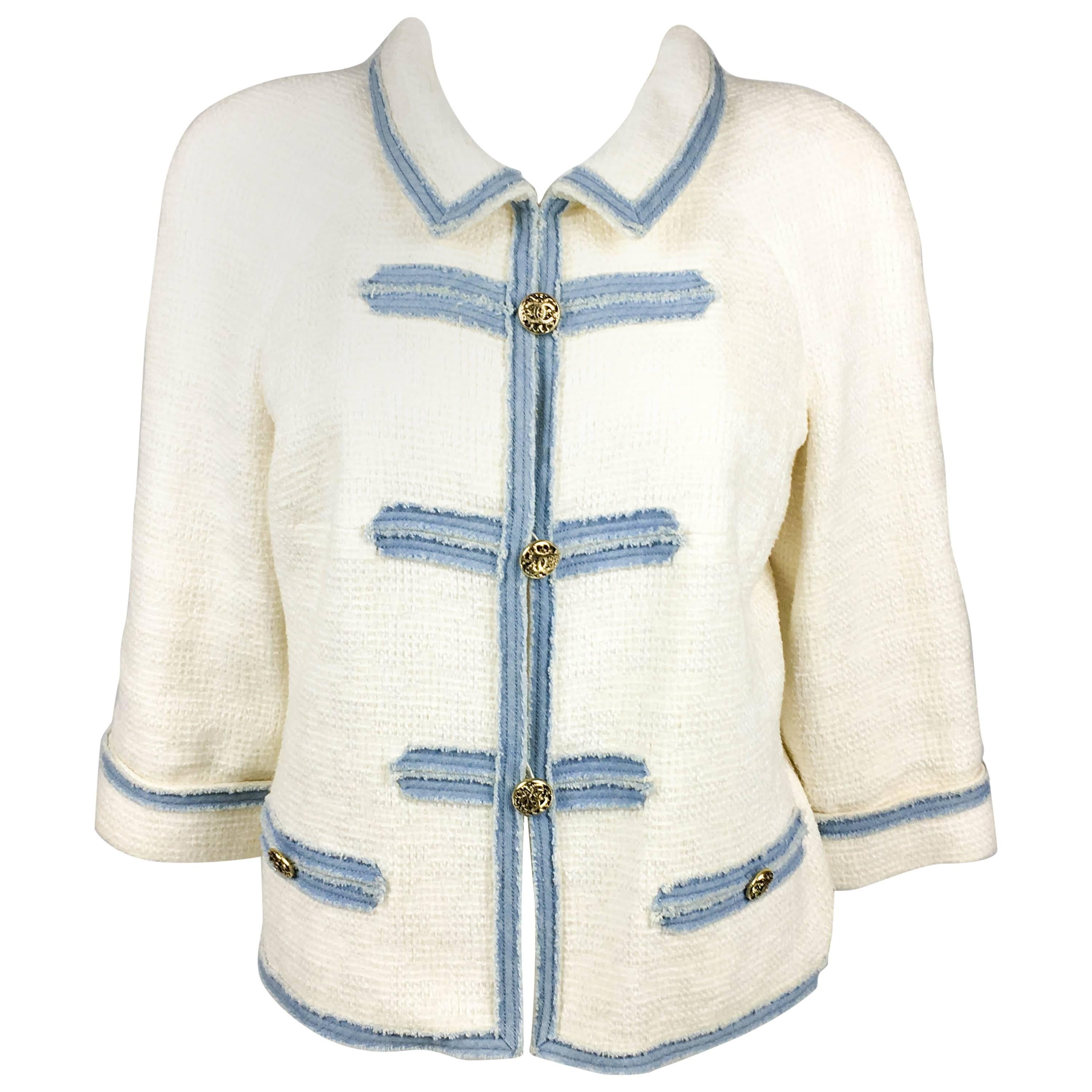 2007 Chanel White Boucle Denim Trimmed Jacket With Logo Buttons