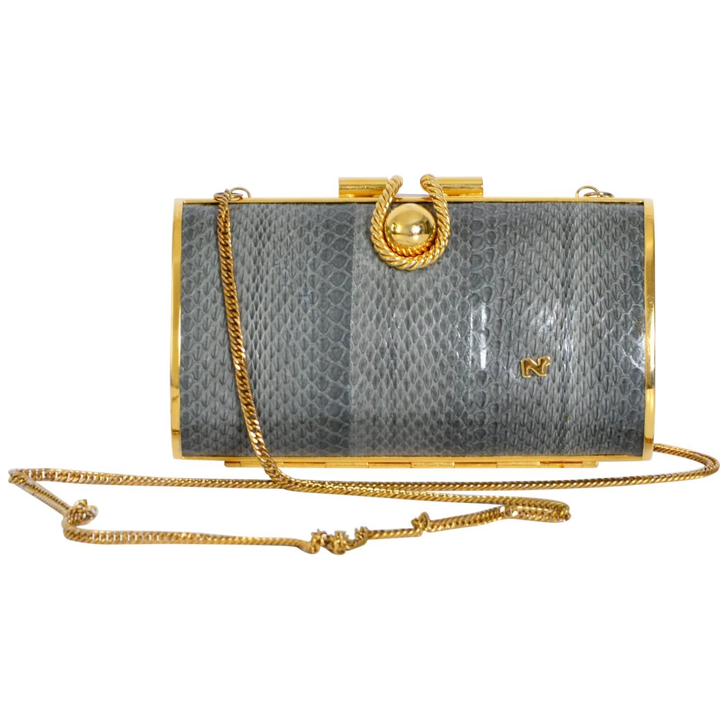 Nina Ricci vintage 1970s gold & grey snake skin clutch minaudiere 