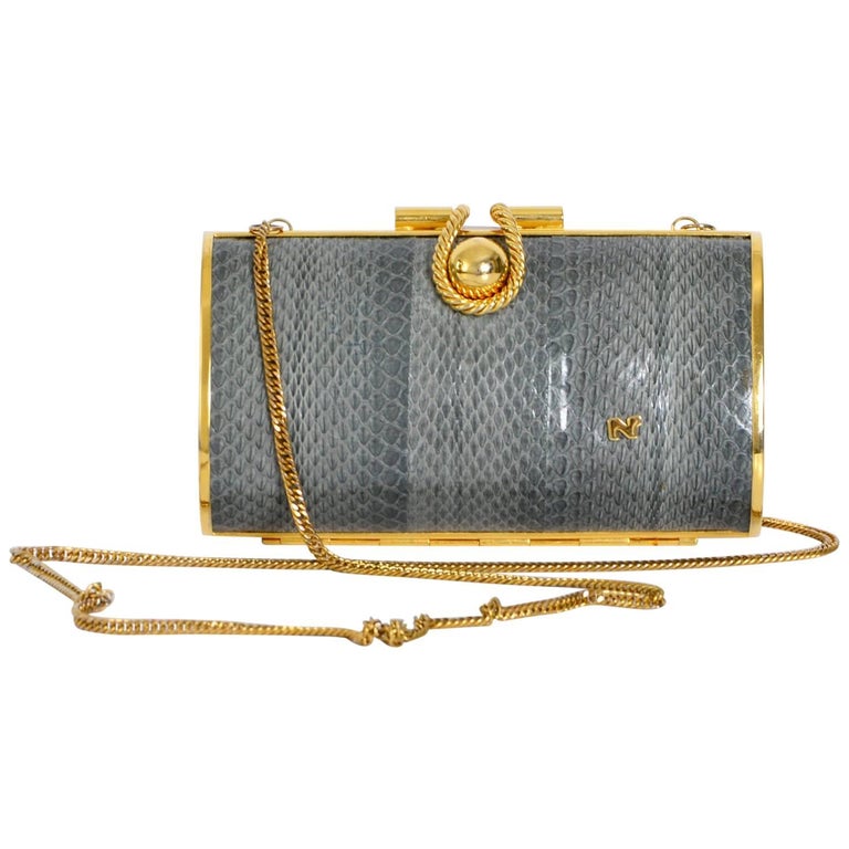 Nina Ricci vintage 1970s gold and grey snake skin clutch minaudiere  For Sale