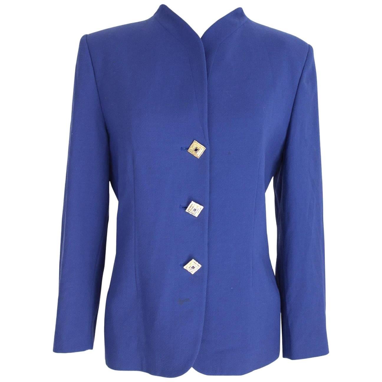 Pier Cardin wool electric blue blazer jacket jewelery buttons size 48 it made it For Sale