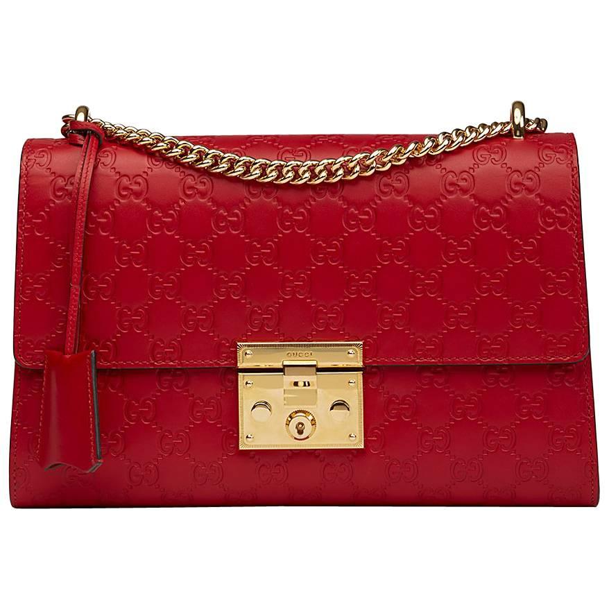 2017 Gucci Hibiscus Red Calfskin Leather Signature Padlock Shoulder Bag