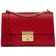 Vintage 2017 Gucci Hibiscus Red Calfskin Leather Signature Padlock Shoulder Bag
