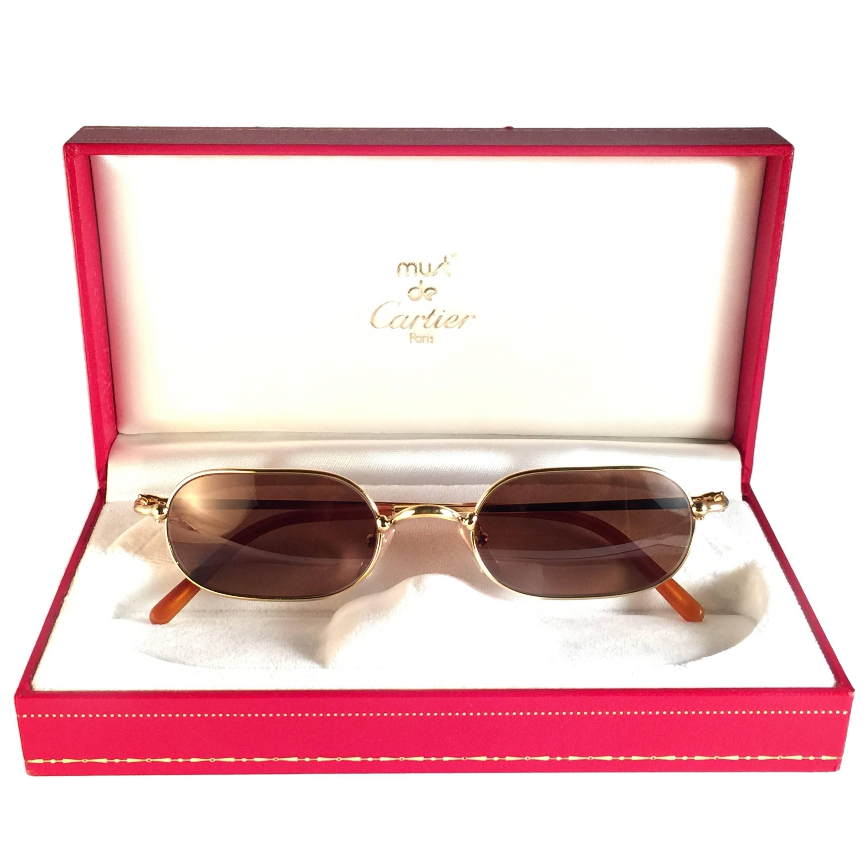 New Vintage Cartier Orfy Gold Plated Solid Brown Lens France 1990 Sunglasses