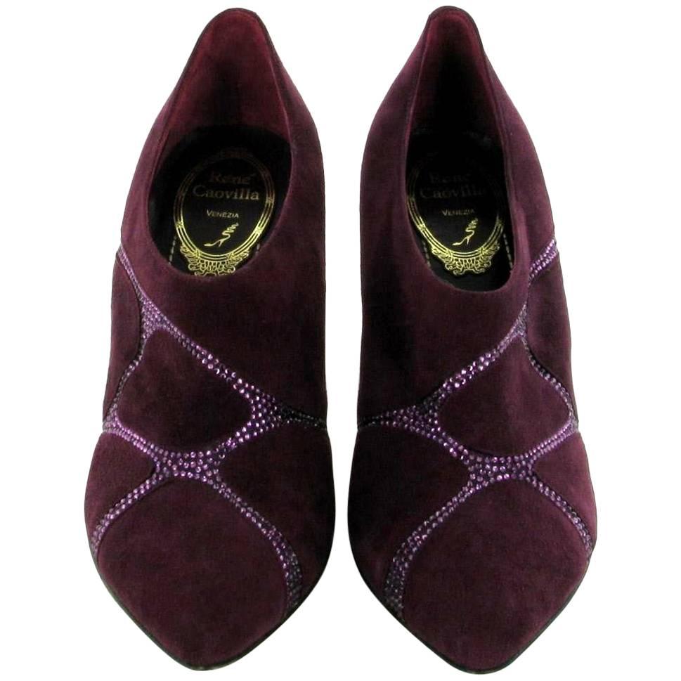 RENE CAOVILLA Low Boots in Purple Suede and Rhinestones Size 36EU For Sale