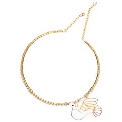 Loulou de la Falaise Choker Necklace in Gilded Metal, Dove Pendant and Brilliant