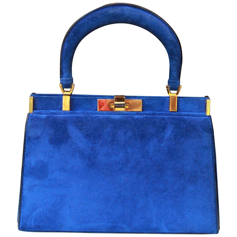 1960s, Fernande Desgranges trapezoid handbag in electric blue suede at