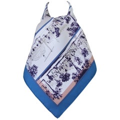 HERMES Silk Scarf A l ombre des boulevards Virginie Jamin Blue White 90 cm