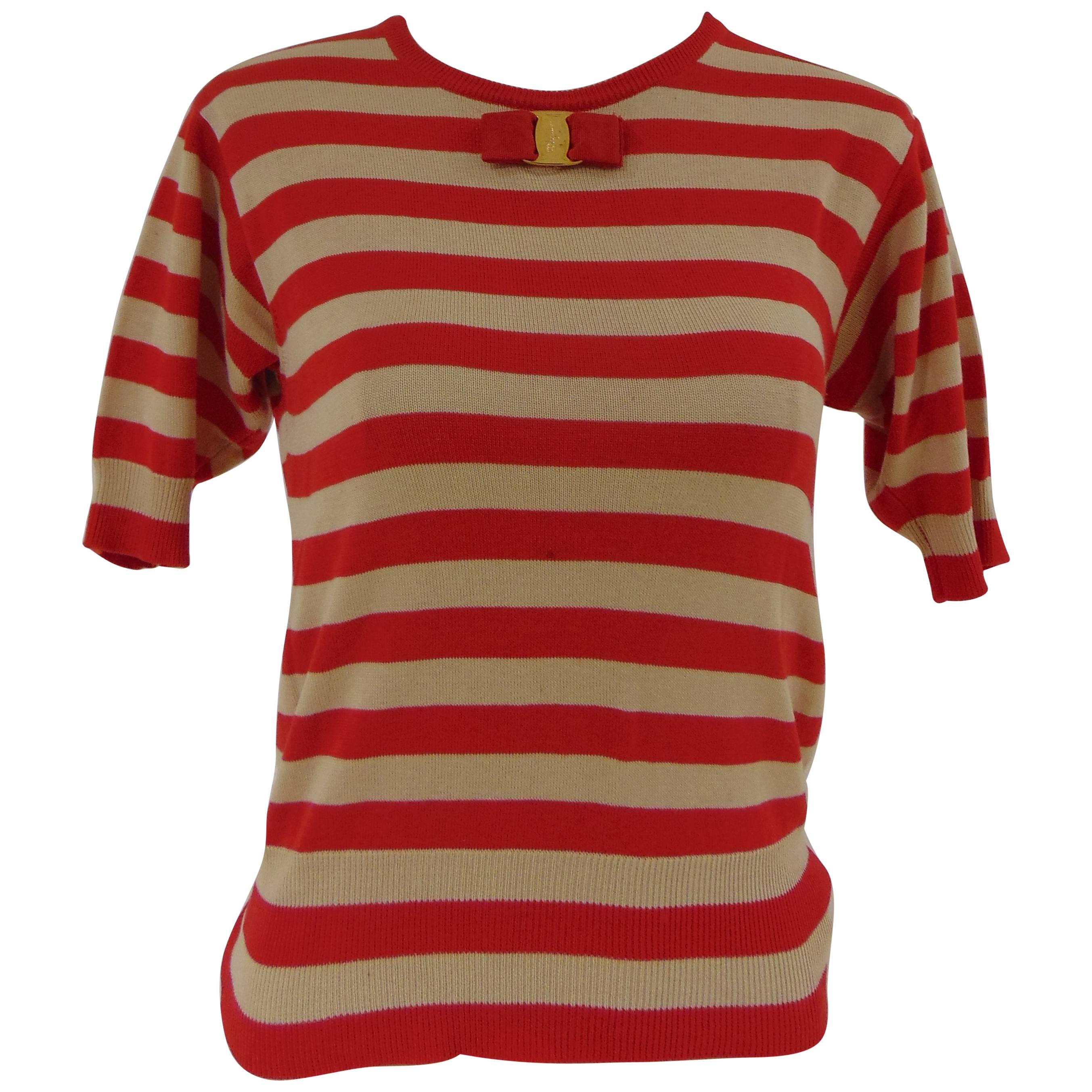 Salvatore Ferragamo Kurzärmeliges Baumwollhemd mit roten cremefarbenen Streifen