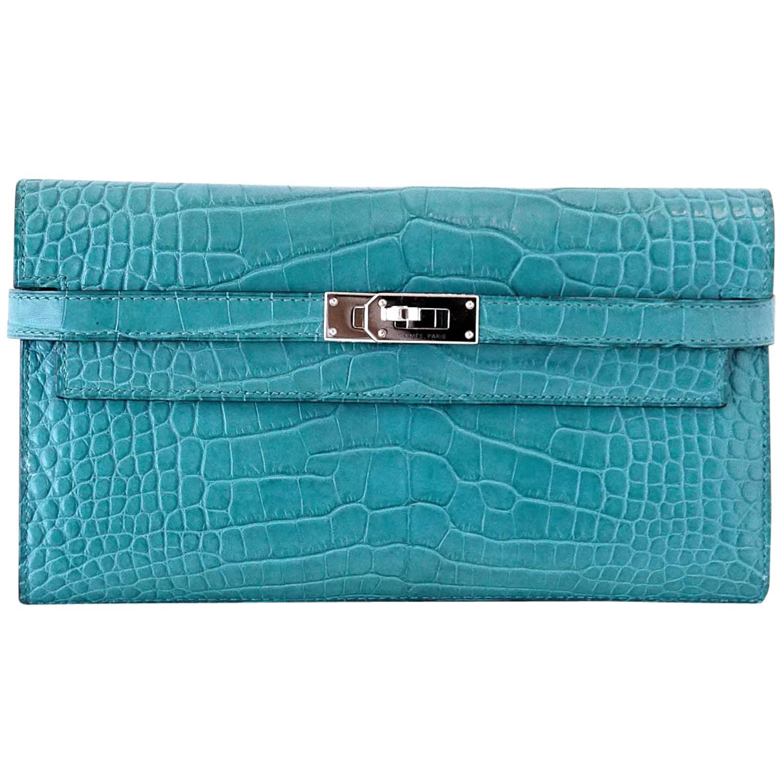 Hermes Kelly Longue Long Wallet / Clutch Blue Paon Matte Alligator PHW