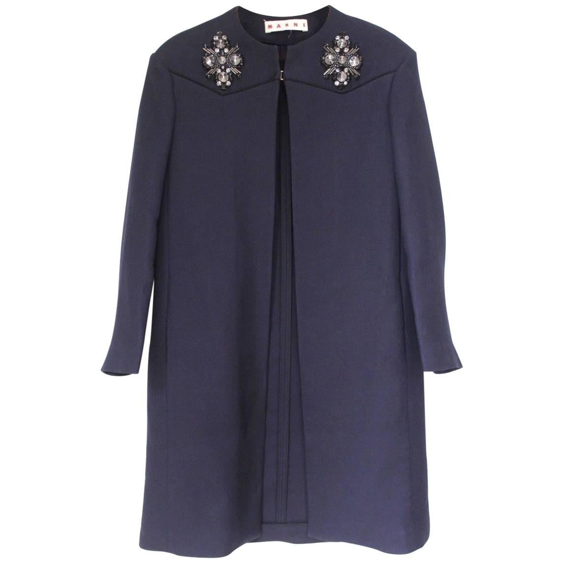 £1300 Marni Embellished Crystal Beaded Navy Coat It 40 UK 8   For Sale