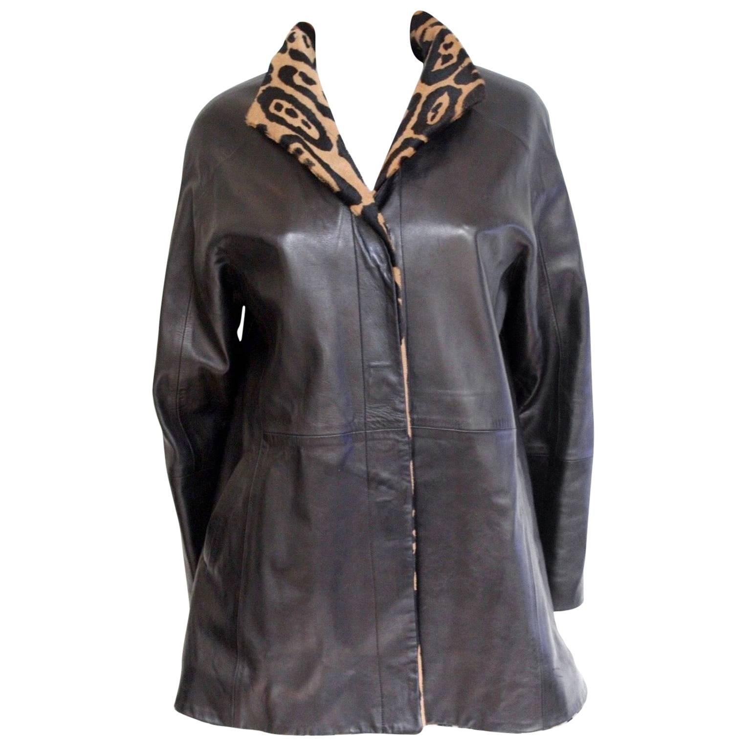 Jitrois Black Leather Leopard Fur Trim Jacket 40 uk 12 Black leather jacket with For Sale