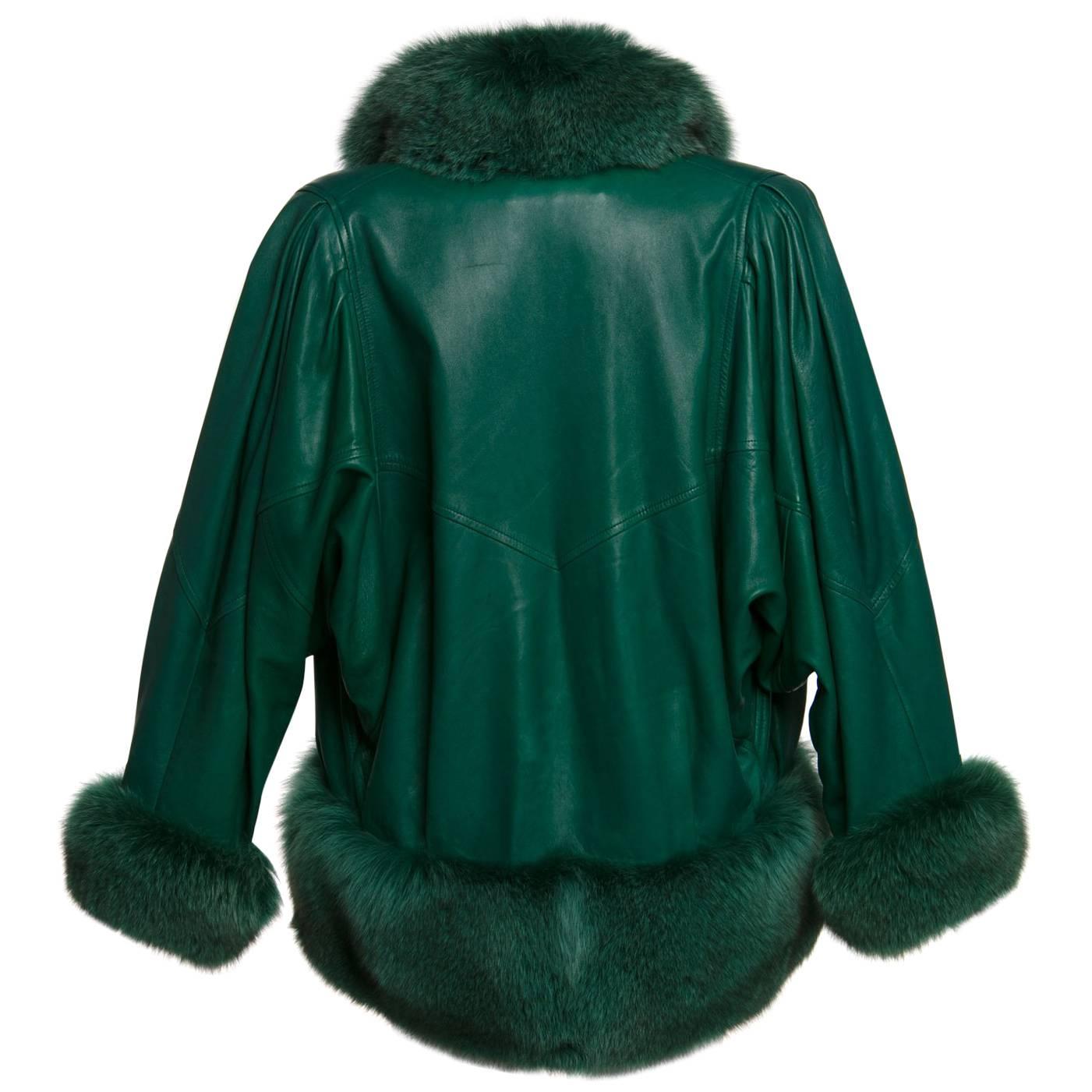 1980s Jean Claude Jitrois Jewel Green Leather Dolman Sleeve Fox Fur Trimmed Coat