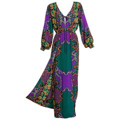 Retro James Galanos Couture Emerald Green and Purple Silk Print Dress, 1970s 