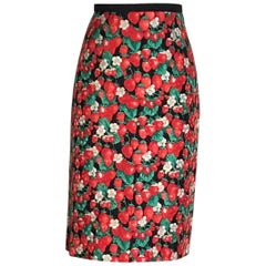Dolce & Gabbana Strawberry Print Silk Pencil Skirt Black and Red